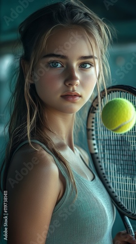 Young woman with tennis racket and ball poses confidently against green backdrop