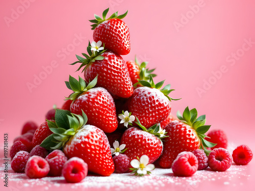 Strawberries, raspberries, berries, fruit, fresh, red, juicy, plate, dessert, sweet, delicious, ripe, stack, pyramid, garnish, sauce, drizzle, powdered sugar, appetizing, vibrant, enticing, mouthwater photo