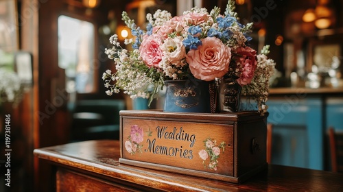 Elegant wooden box with flowers for storing wedding memories in a rustic setting