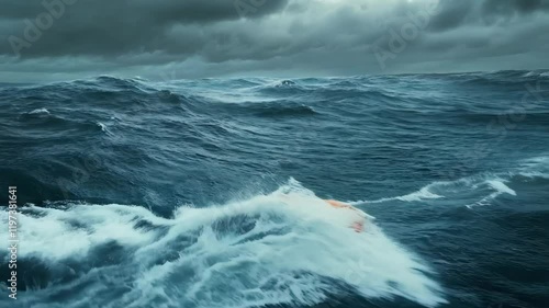 Orange life buoy floating on rough ocean waves under stormy cloudy sky. Marine safety and rescue concept.