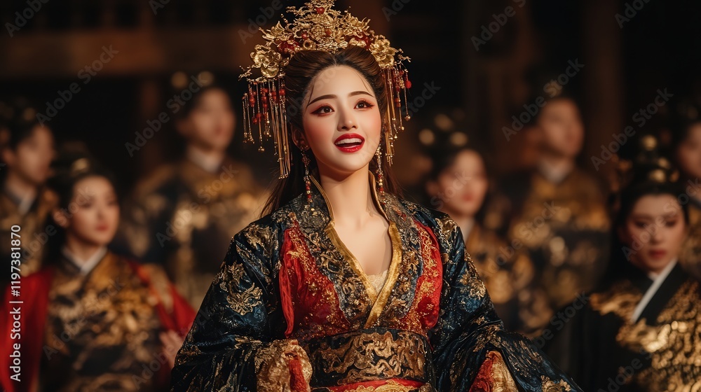Elegant Woman Dressed in Traditional Chinese Costume Posing Gracefully in an Enchanting Garden Surrounded by Lush Flora and Serene Atmosphere Elegant Woman Dressed in Traditional Chinese Costume Posing Gracefully in an Enchanting Garden Surrounded by Lush Flora and Serene Atmosphere