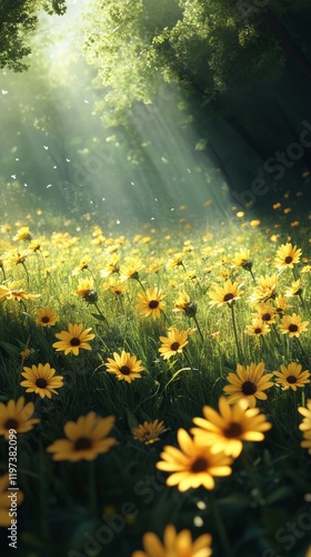 Vibrant yellow daisies blooming in a mountainous landscape on a sunny day