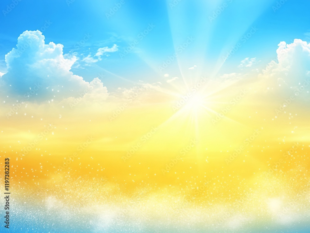 Magical Sunset Sky: Bright Sun Rays, Golden Clouds, and Sparkling Dust Magical Sunset Sky: Bright Sun Rays, Golden Clouds, and Sparkling Dust