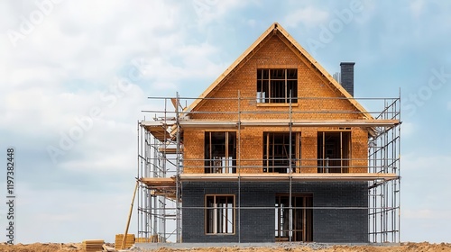 Sketch of a colonialstyle home under construction, with detailed brickwork and scaffolding photo