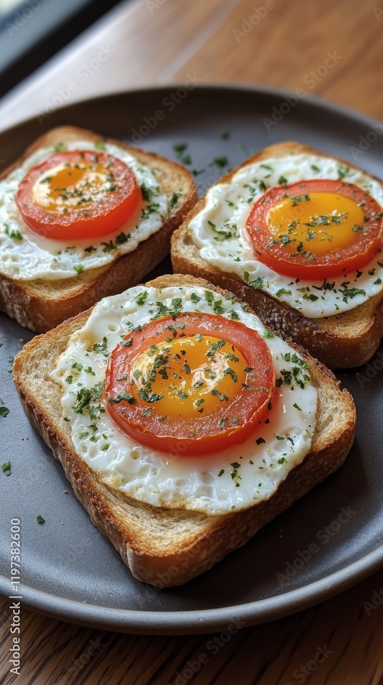 Delicious breakfast with fried eggs on toast and fresh cherry tomatoes served on a plate Delicious breakfast with fried eggs on toast and fresh cherry tomatoes served on a plate
