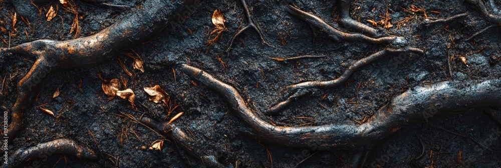 Fototapeta premium Dark Moody Forest Floor Roots Texture Background Image