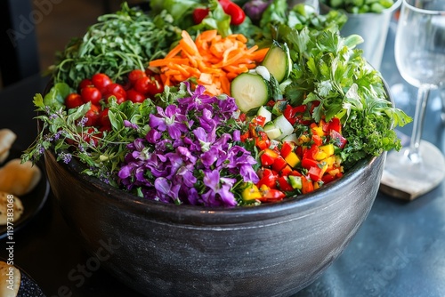 Fresh vegetables gathered in a rustic metal container at a local market in th...