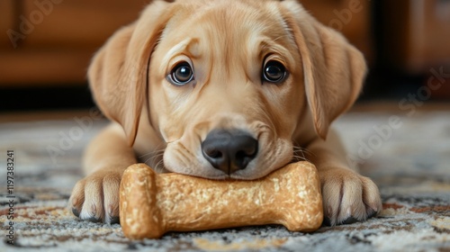 Adorable puppy playing with a chew toy on a cozy carpet inside a living room