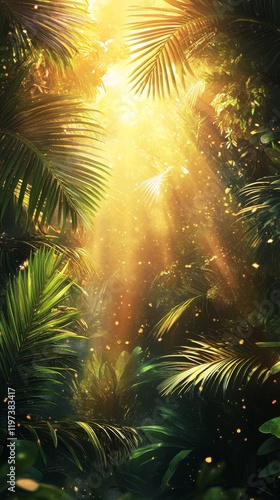 Light filtering through dense foliage in a vibrant tropical rainforest during...