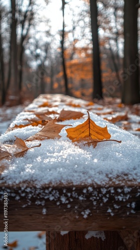 Autumn leaves on a snow-covered bench in a quiet park during a gentle snowfall