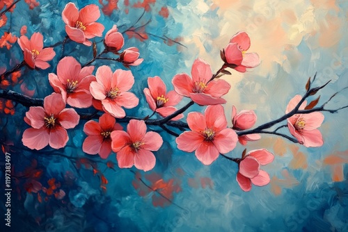 Pink flowers bloom on a tree branch in a lush mountainous landscape during da...