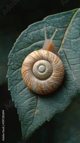 Snail slowly crawling on wooden surface among vibrant green plants in bright ...