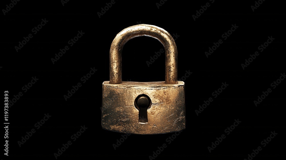 Old, rusty padlock on black background. Illustrates security, protection, or secrecy concepts. Old, rusty padlock on black background. Illustrates security, protection, or secrecy concepts.