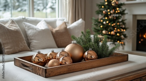 Elegant wooden tray with decorative elements on a cozy table in natural light
