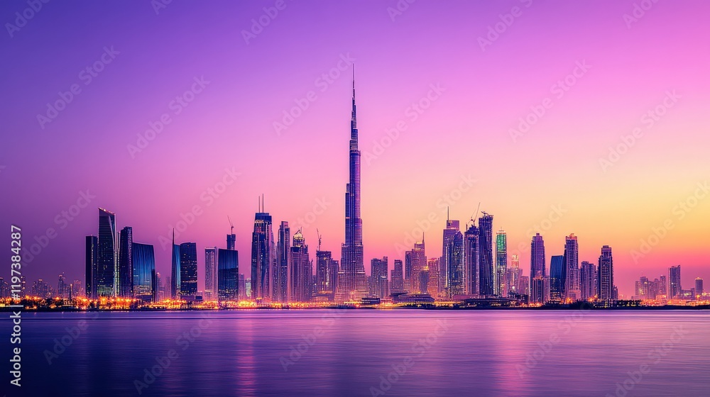 A breathtaking cityscape at twilight with skyscraper silhouettes glowing against a vibrant purple sky. A breathtaking cityscape at twilight with skyscraper silhouettes glowing against a vibrant purple sky.