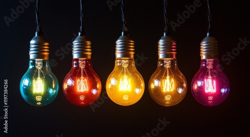 Colorful illuminated light bulbs hanging against a dark background showcasing...