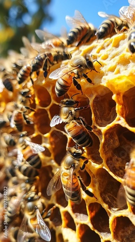 Bees gathering nectar and creating honey in a natural hive during a sunny aft...
