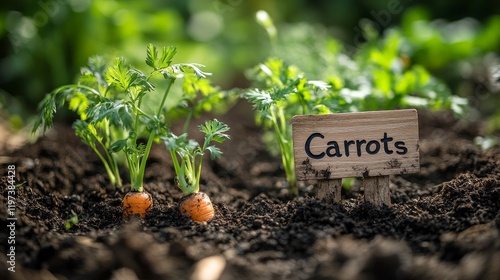 Carrot plant growing in a garden with wooden marker in rich soil during sunny...