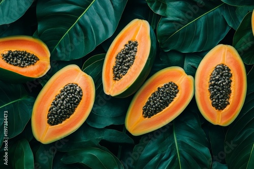 Freshly sliced papaya on green tropical leaves in a vibrant composition