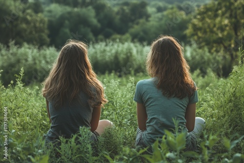 Two friends enjoy a peaceful moment overlooking a lush green landscape during...