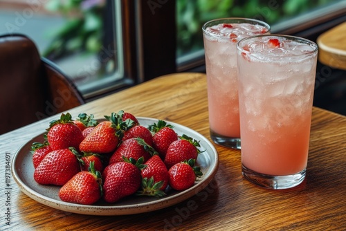 Refreshing strawberry cocktail with fresh strawberries on a wooden table at a...