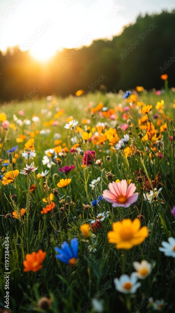 Obraz premium Bright wildflower meadow illuminated by sunset in a tranquil rural setting