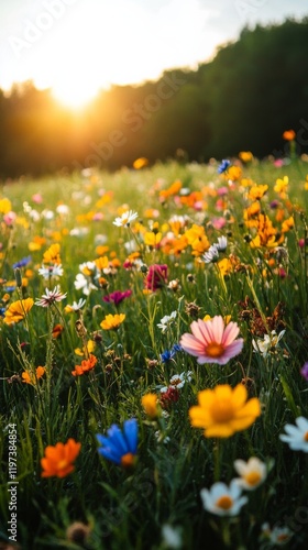 Bright wildflower meadow illuminated by sunset in a tranquil rural setting