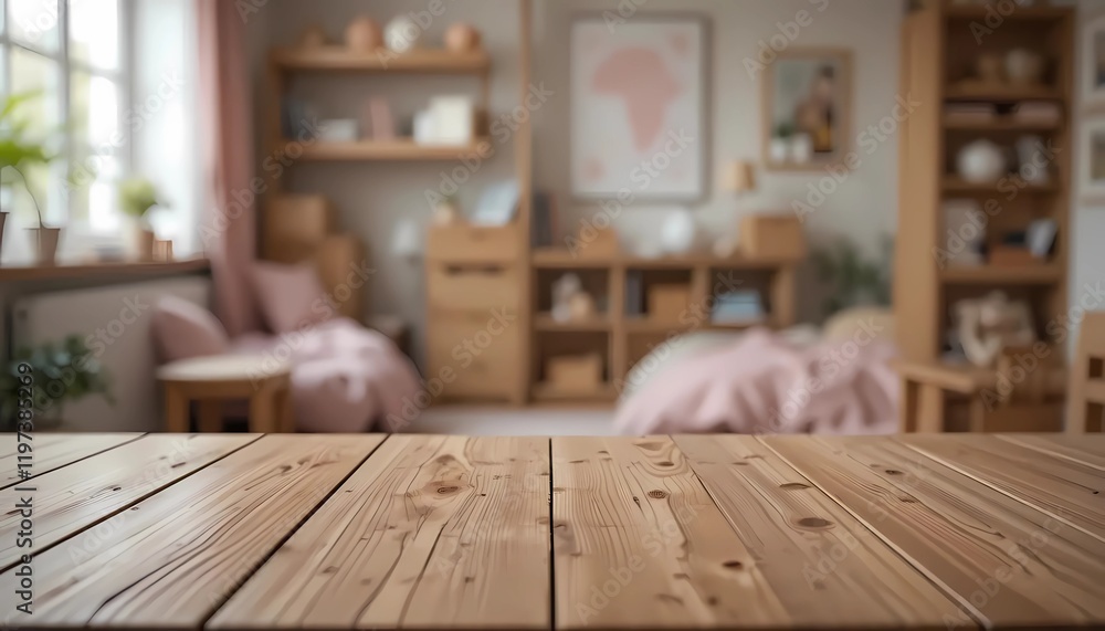 Empty Wooden table on blurred background of childrens room. Generative ai