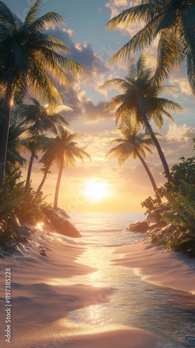 Serene sunset over tropical beach with palm trees and golden sand on a tranqu...