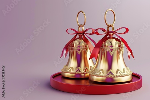 pair of Huge glossy shiny 3d golden Christian Christmas jingle bells with red ribbons patterns,Frosted Christmas bell ornamentsred podium, pale violet background photo