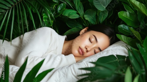 Sleep hygiene habits. Serene woman sleeping among lush green leaves in a tranquil setting.