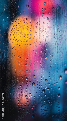 Colorful lights blurred behind a rain-soaked glass at night in an urban setting