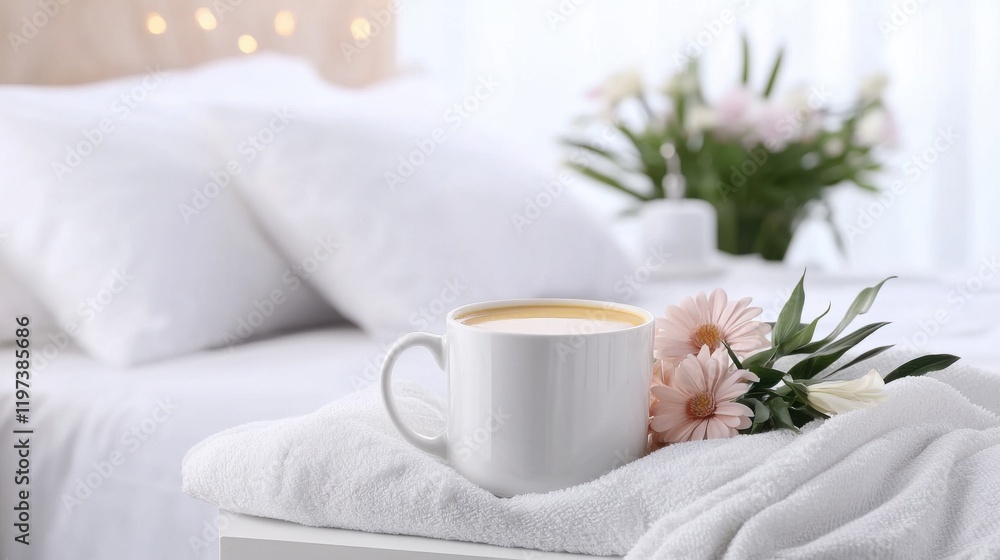 Sleep hygiene habits. Cozy bedroom scene with a cup of tea and fresh flowers on a blanket.