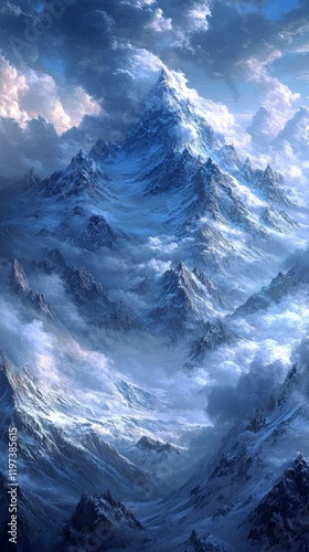 Majestic mountain landscape under dramatic clouds and sunset glow