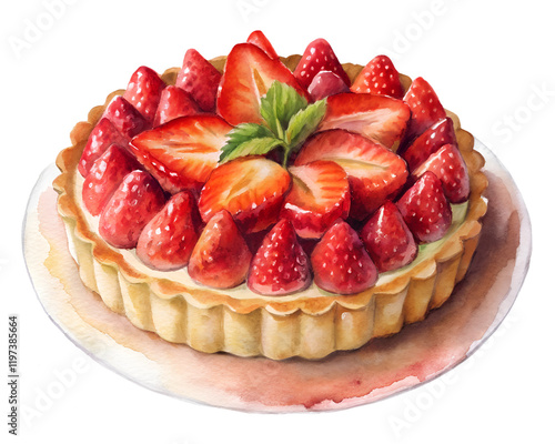 watercolor strawberry tart, isolated soft focus on the transparent background