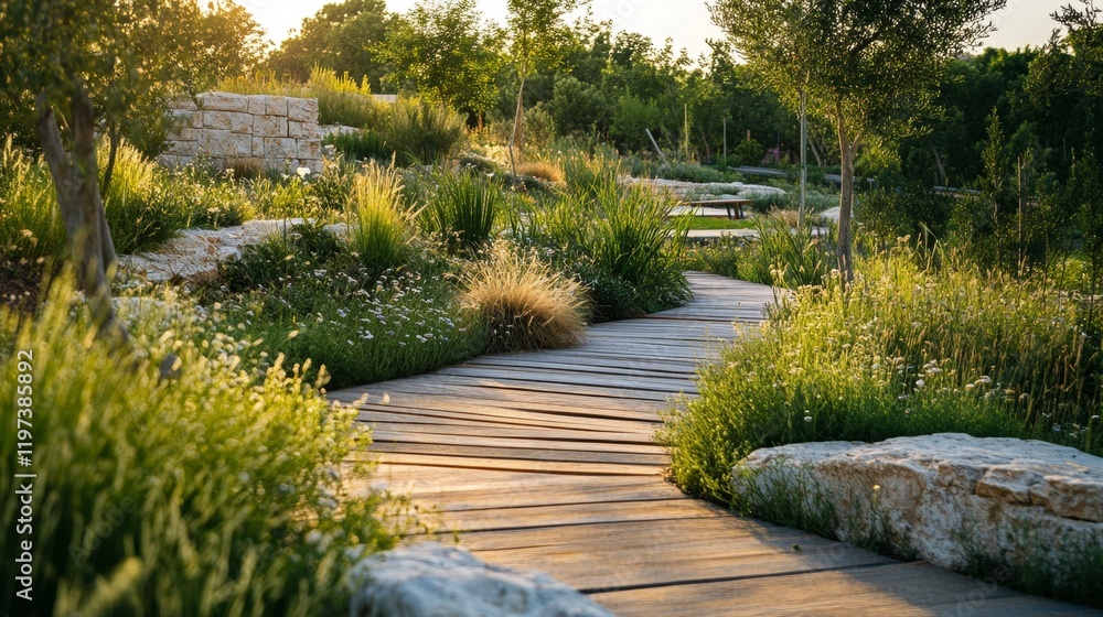 Fototapeta premium Tranquil Park Pathway Surrounded by Lush Greenery and Sunshine