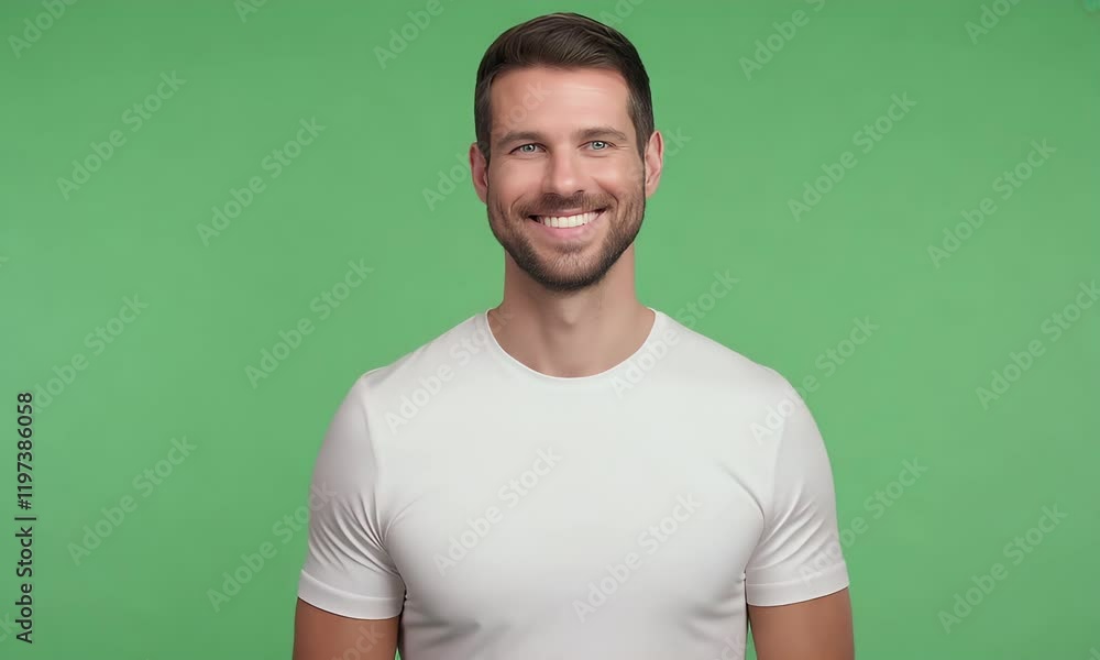 Smiling Man in White T-Shirt Against Green Background Smiling Man in White T-Shirt Against Green Background