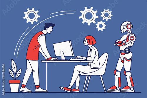 Humans and robots working together, office setting, blue background, flat illustration style, minimalist design, collaborative workspace, AI and human interaction, futuristic workplace, contrasting re