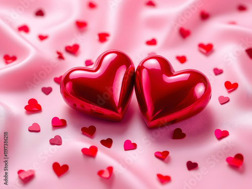 Love, hearts, red, romance, Valentine's Day, affection, togetherness, passion, glossy, shiny, couple, intimacy, emotion, symbol, sweet, tender, caring, devotion, adoration, warmth, connection, unity,