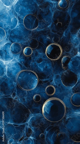 Bubbles floating in a deep blue abstract background with intricate textures a...