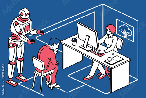 Humans and robots working together, office setting, blue background, flat illustration style, minimalist design, collaborative workspace, AI and human interaction, futuristic workplace, contrasting re