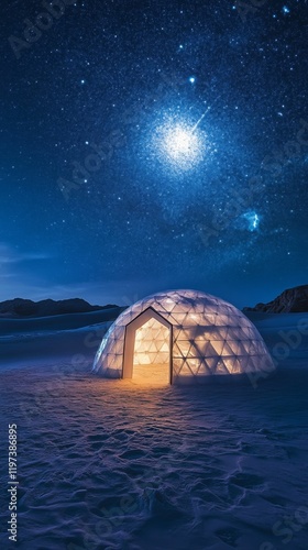 Illuminated igloo under a starry night sky in a remote winter landscape