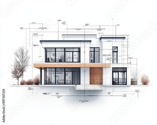 Front elevation drawing of a modern house under construction, with detailed annotations on materials