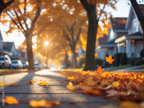 Golden Autumn Leaves Line Suburban Street Tree Canopy Sunlight photo