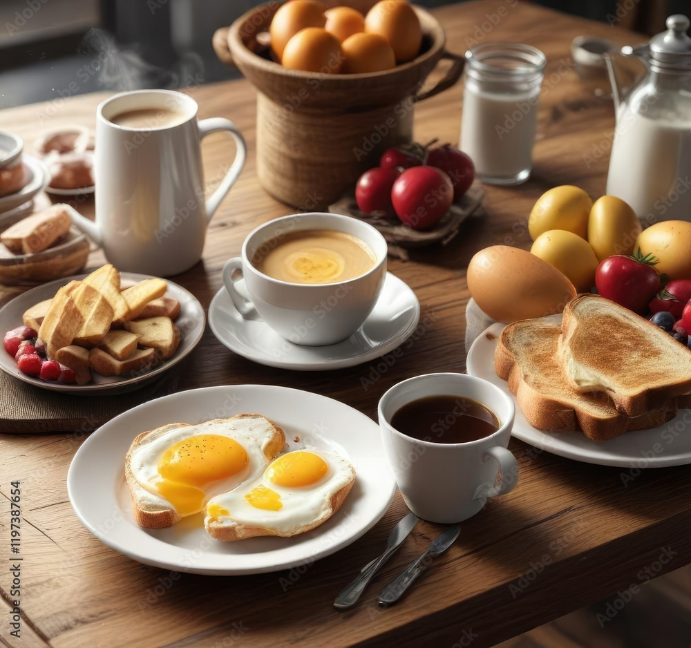 A steaming cup of coffee on a wooden table next to a plate with breakfast items like eggs, toast and fruit , steaming, breakfast A steaming cup of coffee on a wooden table next to a plate with breakfast items like eggs, toast and fruit , steaming, breakfast