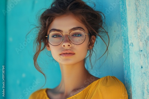 Model poses in stylish glasses against vibrant blue wall in sunny outdoor set...