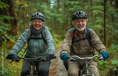 An elderly couple riding a woodland route, beaming with joy and freedom, lively and revitalizing photo