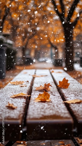 Autumn leaves on a snow-covered bench in a quiet park during a gentle snowfall