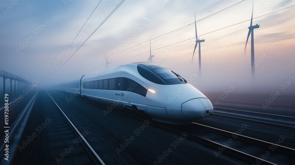 Naklejka premium A bullet train speeding through a foggy countryside, with wind turbines in the background.
