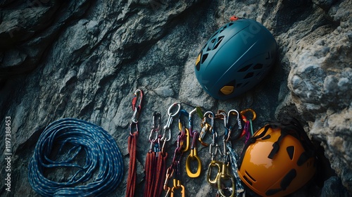 Climbing Gear Resting Against A Rocky Wall photo